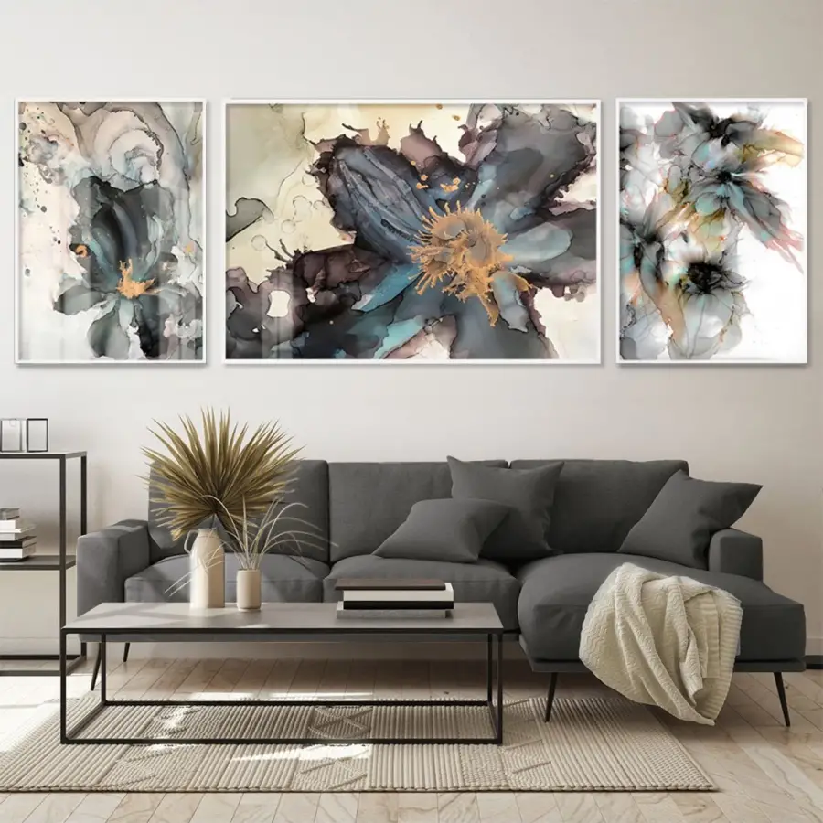 Kozmik Bahar; Merkezi Soyut Metal Çerçeveli Üçlü Metal Çerçeveli Tablo Seti