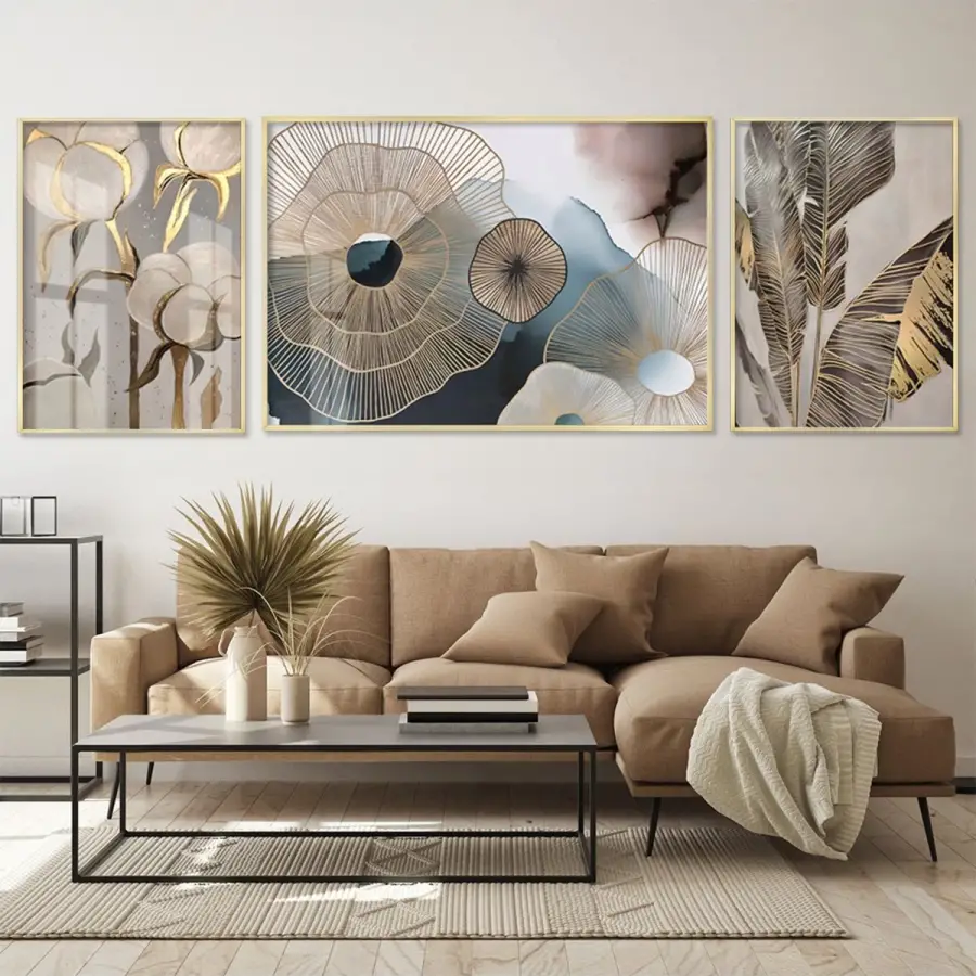 Soyut Botanik Silüetler; Altın Vurgulu Metal Çerçeveli Tablo