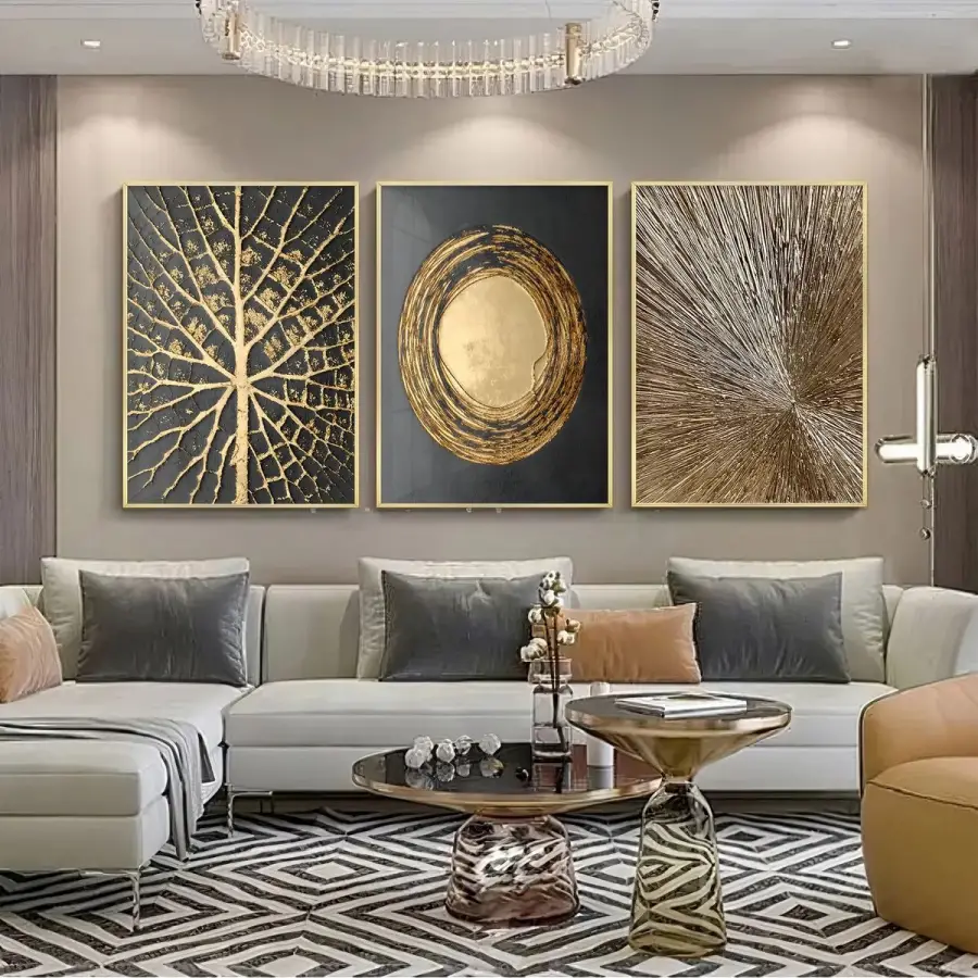 Altın Patlama Üçlü Metal Çerçeveli Tablo Seti