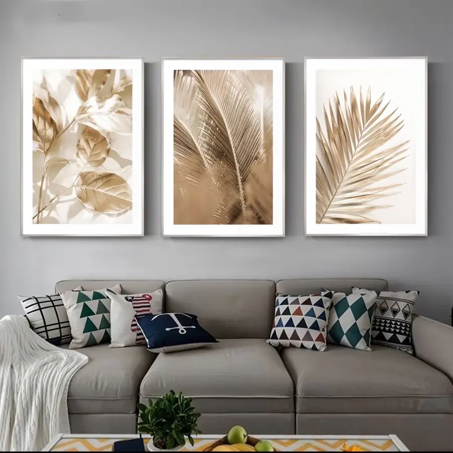 Natürel Tonlarda Yaprak Dansı Üçlü Metal Çerçeveli Tablo Seti