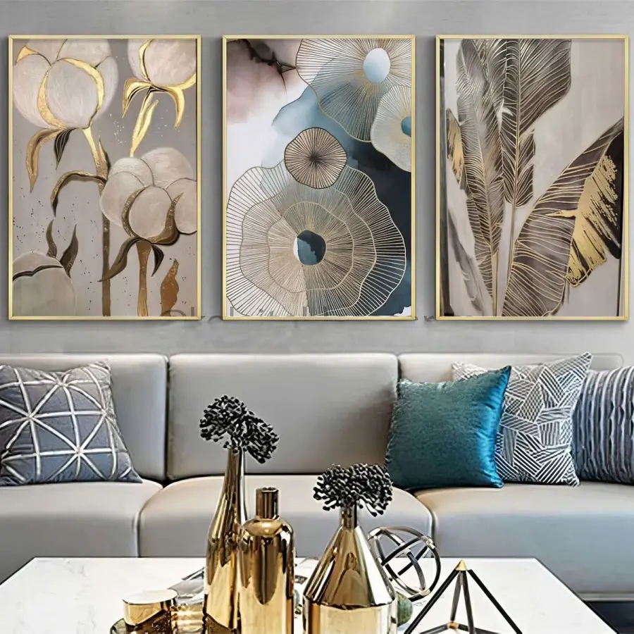 Elegan Botanik Esinti Üçlü Metal Çerçeveli Tablo Seti