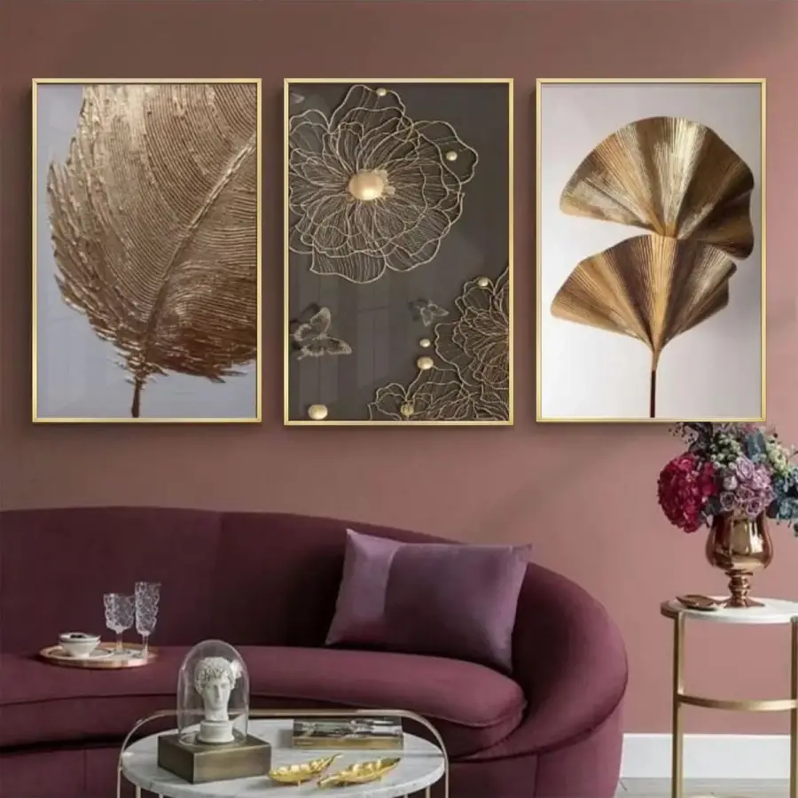 Altın Ginkgo Zarafeti Üçlü Metal Çerçeveli Tablo Seti