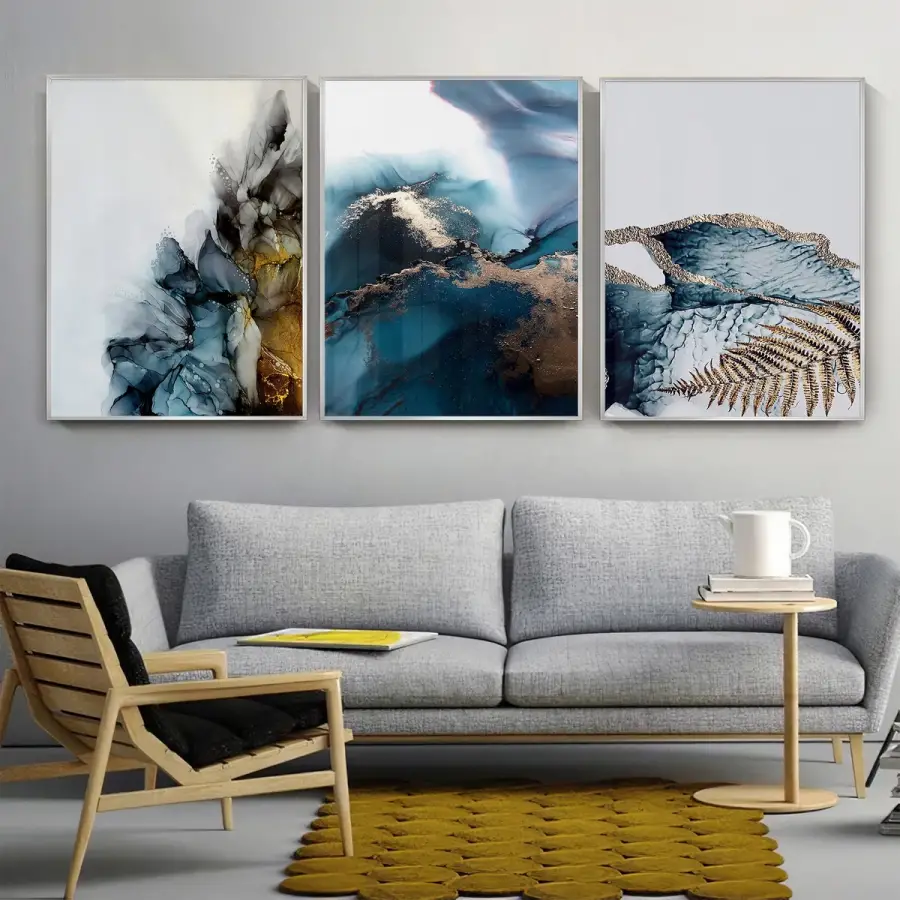 Akışkan Mavi Rüya Altın Dokunuş Üçlü Metal Çerçeveli Tablo Takımı