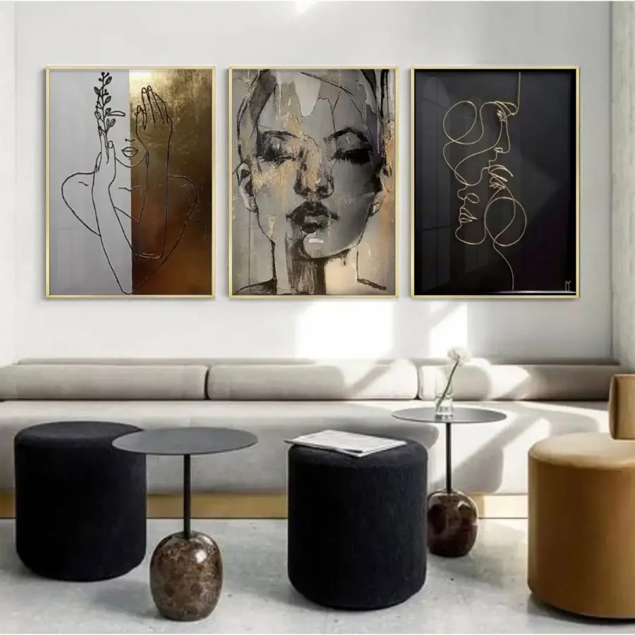 Soyut Portrelerin Şiiri Üçlü Metal Çerçeveli Tablo Seti