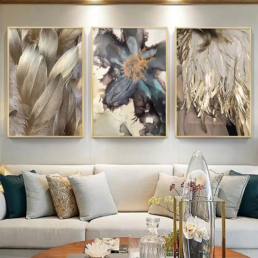 Altın Işıltılı Tüyler Üçlü Metal Çerçeveli Tablo Takımı