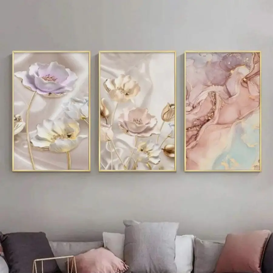 Zarif Pastel Gelincikler Üçlü Metal Çerçeveli Tablo Seti
