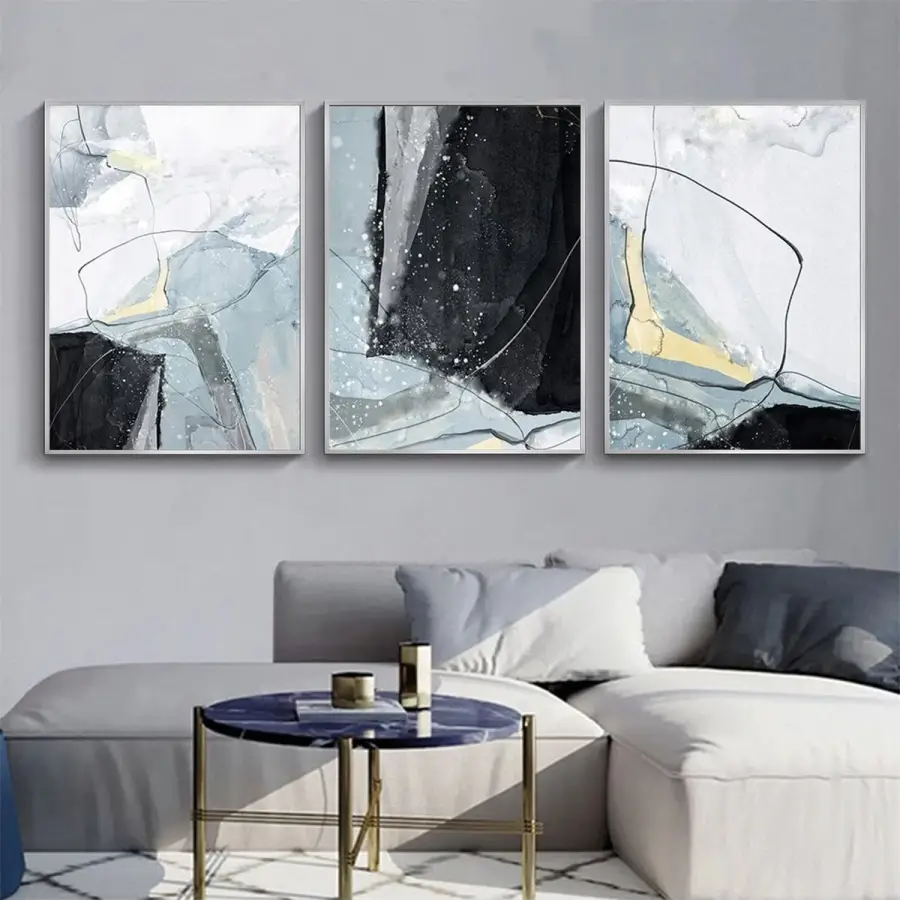 Modern Dokunuş: Zarif Soyut Mavi Ve Siyah Metal Çerçeveli Tablo Takımı