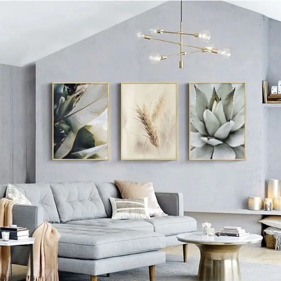 Hasat Zamanı: Sukulent Ve Buğday Başağı Temalı Üçlü Metal Çerçeveli Tablo Seti