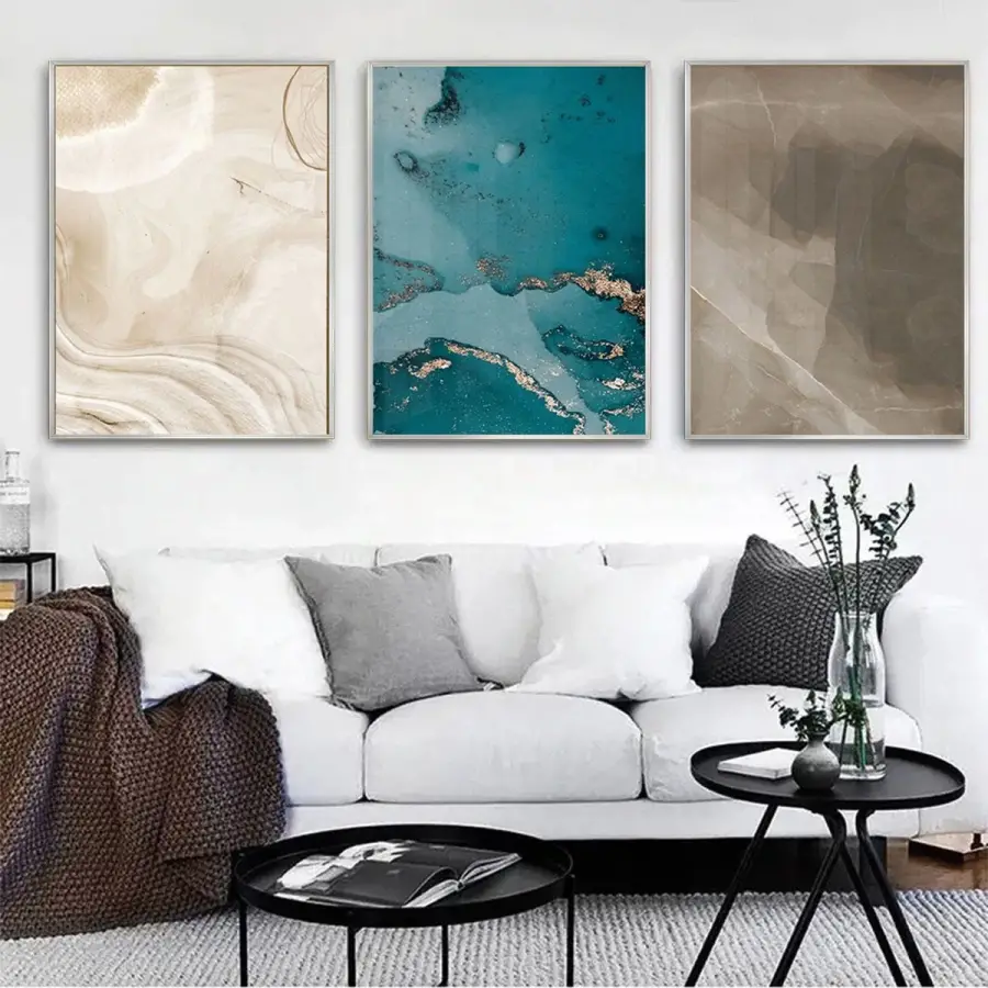 Mermerin Sessiz Dansı: Nötr Tonlar Üçlü Metal Çerçeveli Tablo Seti