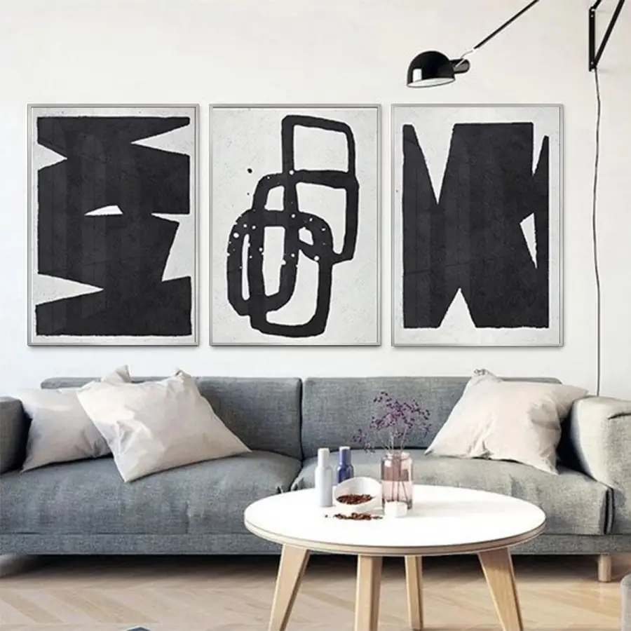 Minimalist Mükemmellik: Siyah Ve Beyaz Soyut Formlar Üçlü Metal Çerçeveli Tablo Seti