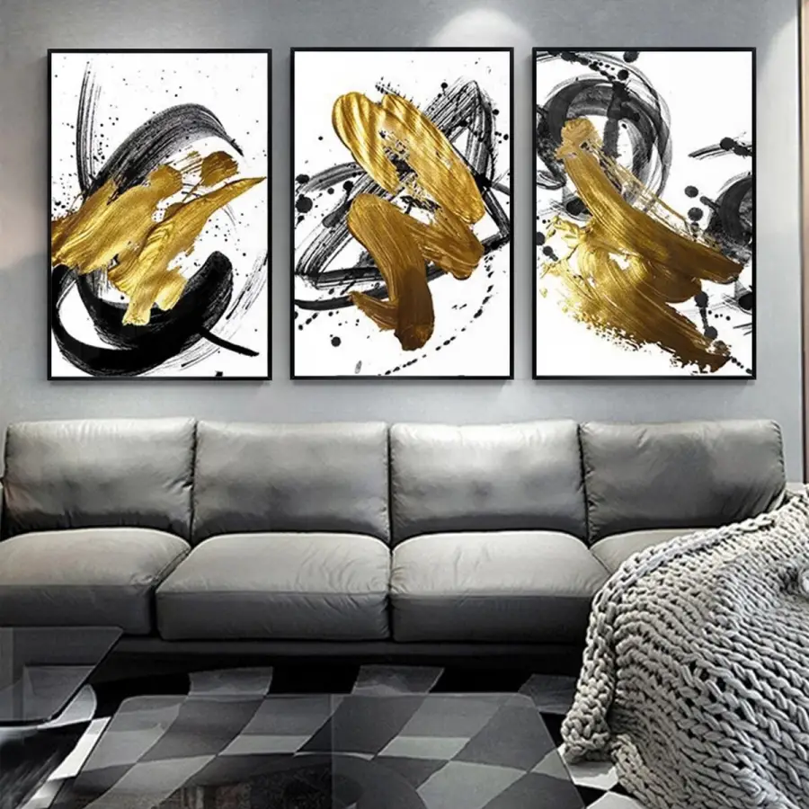 Dinamik Kontrast: Altın Fırça Darbeleri Ile Soyut Üçlü Metal Çerçeveli Tablo Seti