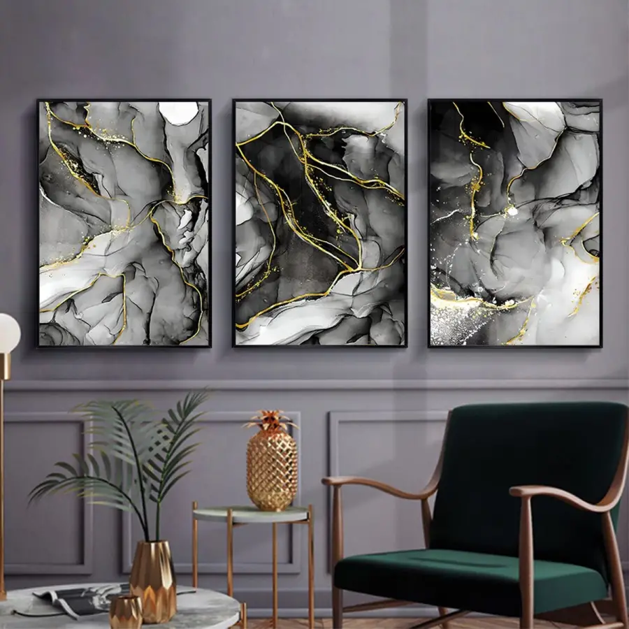 Soyut Akışkanlık: Altın Vurgulu Mermer Üçlü Tablo Takımı