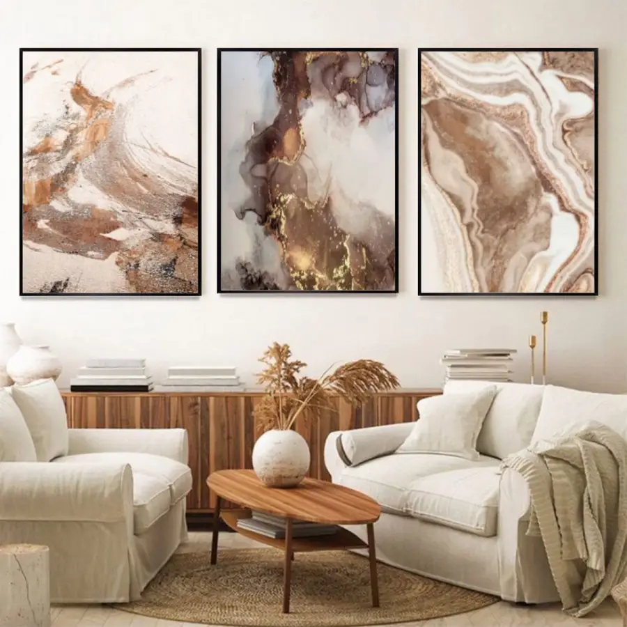 Organik Elegans: Sıcak Mermer Desenli Üçlü Metal Çerçeveli Tablo Seti