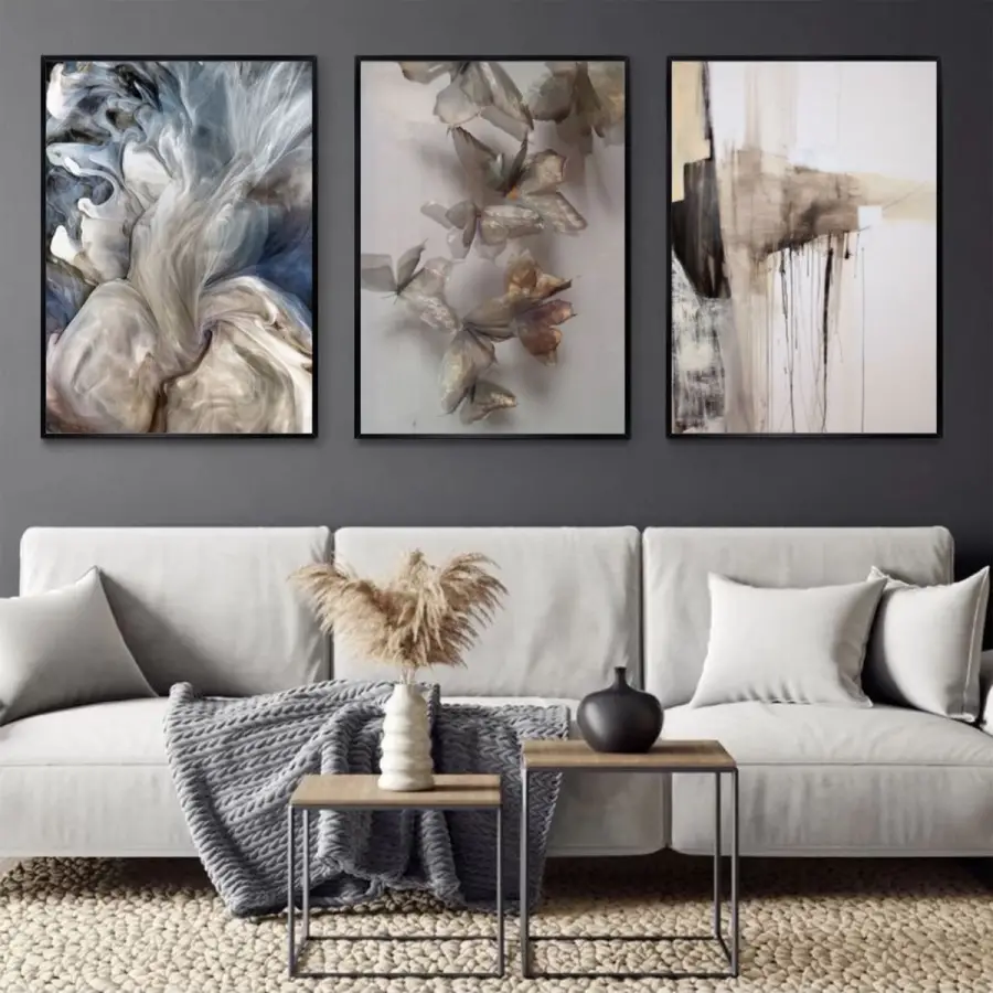 Akışkan Düşler: Soyut Dalgalar Ve Doğal Formlar Üçlü Metal Çerçeveli Tablo Takımı