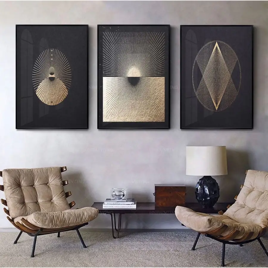 Geometrik Gölge Oyunları: Altın Ve Siyahın Asil Buluşması Metal Çerçeveli Tablo Seti