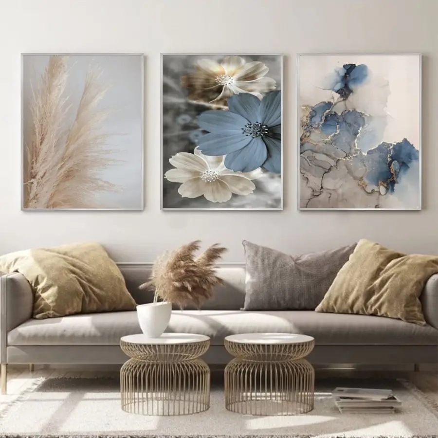 Doğal Melodiler: Mermerin Estetiği Ve Pastel Çiçekler Metal Çerçeveli Tablo Seti