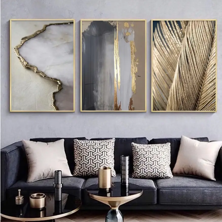 Modern Elegans: Altın Dokunuşlu Mermer Ve Soyut Desenler Metal Çerçeveli Tablo Seti