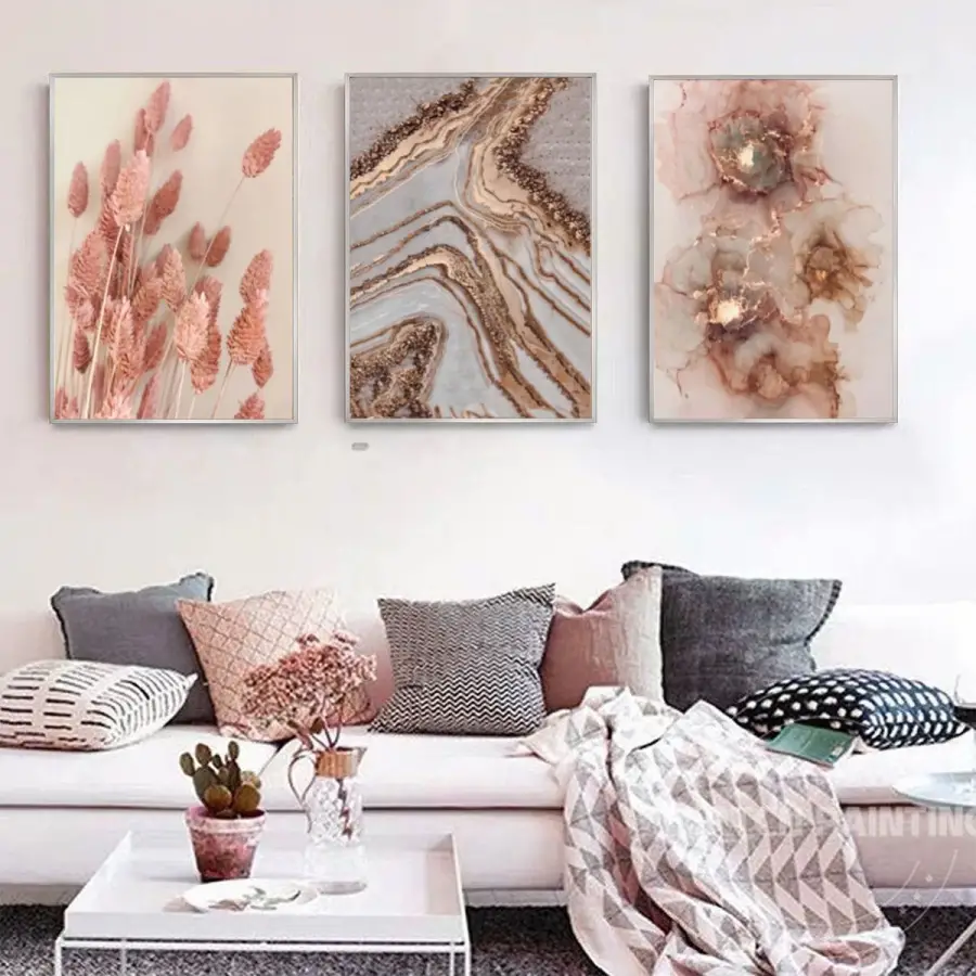 Sakin Renklerin Dansı: Pastel Dokunuşlar Ve Mermer Desenler Metal Çerçeveli Tablo Seti