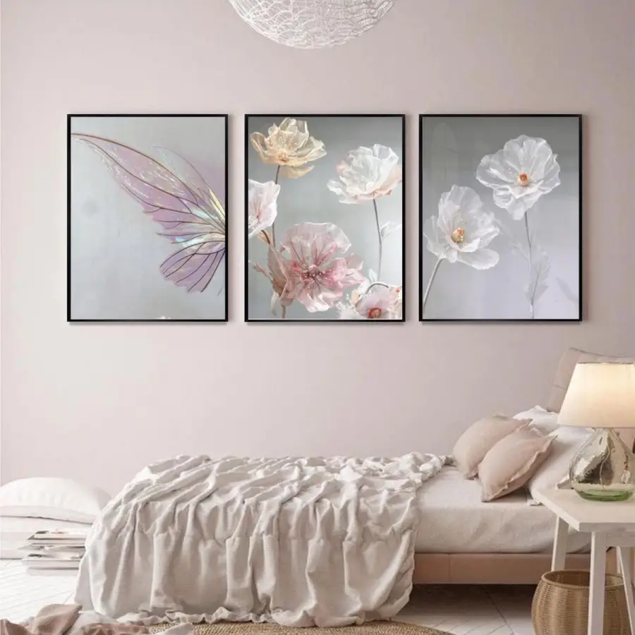 Pastel Bahar Rüyası: Kelebek Ve Çiçek Zarafeti Metal Çerçeveli Tablo Seti