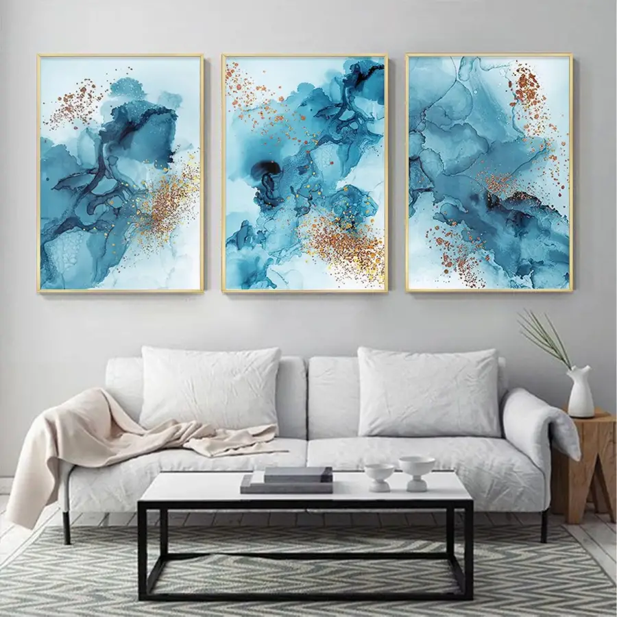 Mavinin Ve Altının Sanatsal Sentezi Metal Çerçeveli Üçlü Tablo Seti
