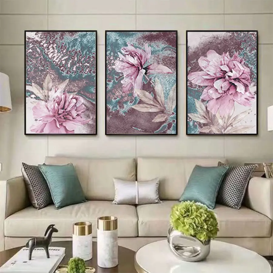 Harmoni Bahçesi: Çiçek Motifli Siyah Metal Çerçeveli Tablo Seti