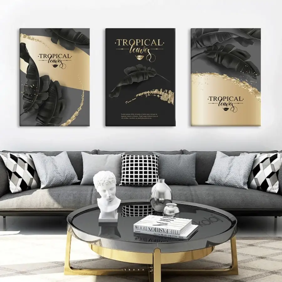 Zarif Kontrast: Siyah Yapraklar ve Altın Motifler Üçlü Kanvas Seti