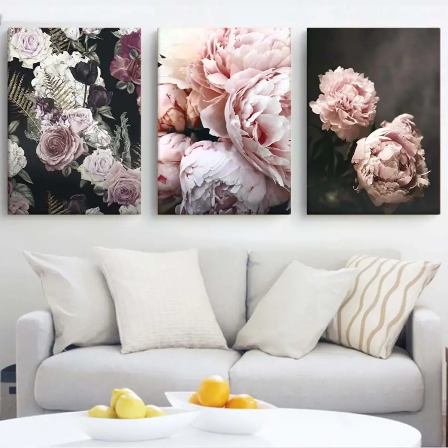 Pembe Gül ve Şakayık Çiçekleri Üç Parça Kanvas Tablo Seti