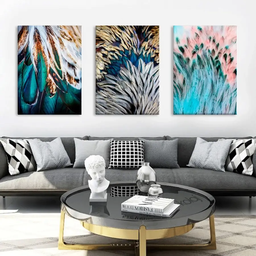 Altın Yeşil ve Pembe Soyut Tavus Kuşu Tüyleri Dekoratif Üçlü Kanvas Tablo