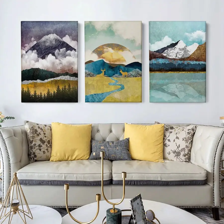 Soyut Gün Doğumu Dekoratif Üç Parçalı Kanvas Tablo Seti