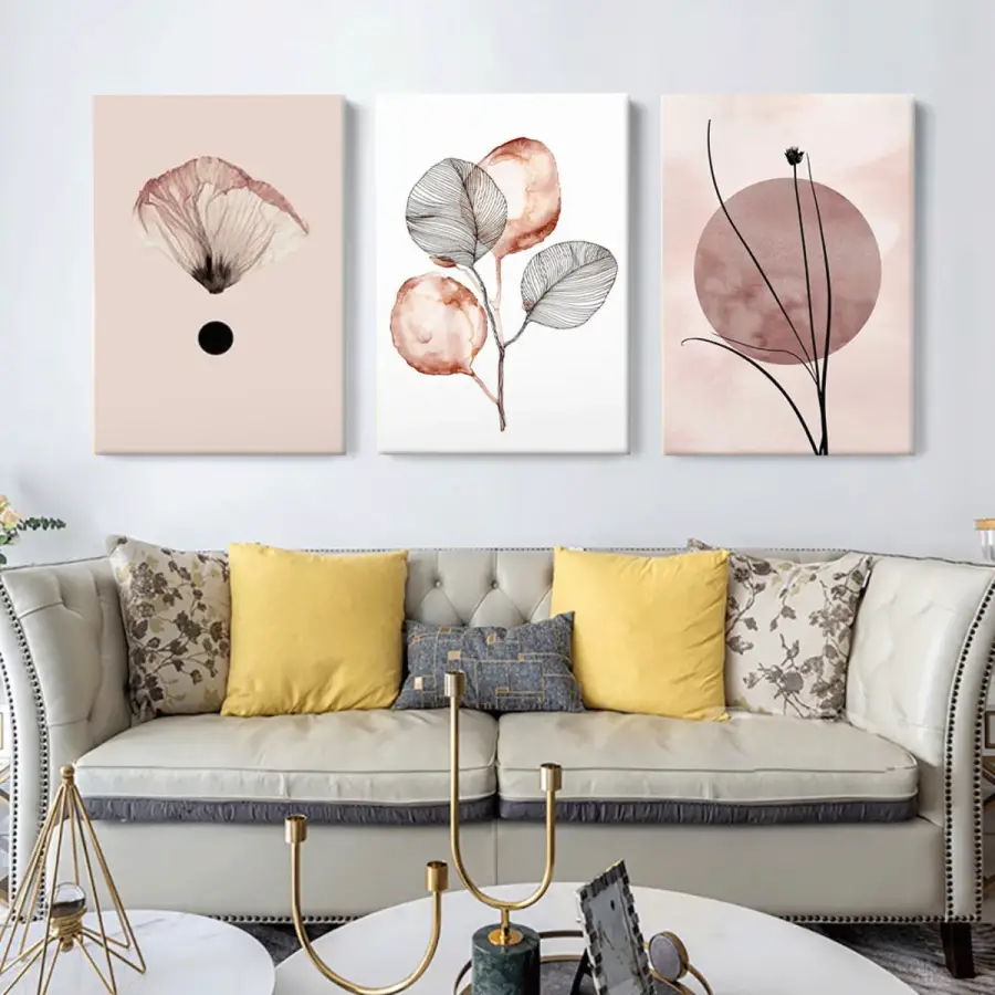 Soyut Çiçekler Dekoratif 3lü Kanvas Tablo Takımı