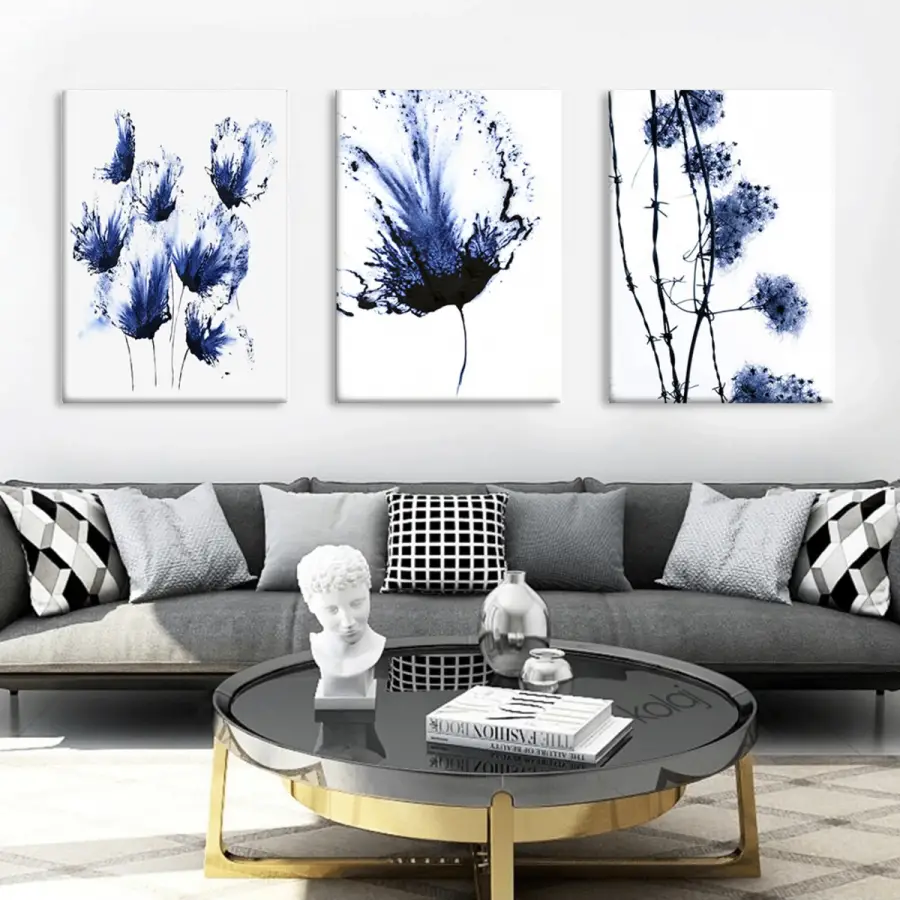 Suluboya Dokulu Mavi Çiçekler Dekoratif 3lü Kanvas Tablo Seti
