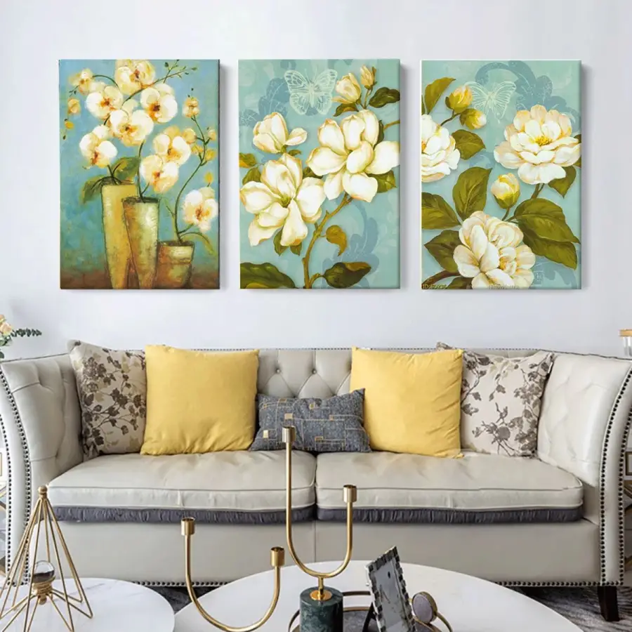 3 Parça Beyaz Manolya Çiçeği Dekoratif Kanvas Tablo Takımı
