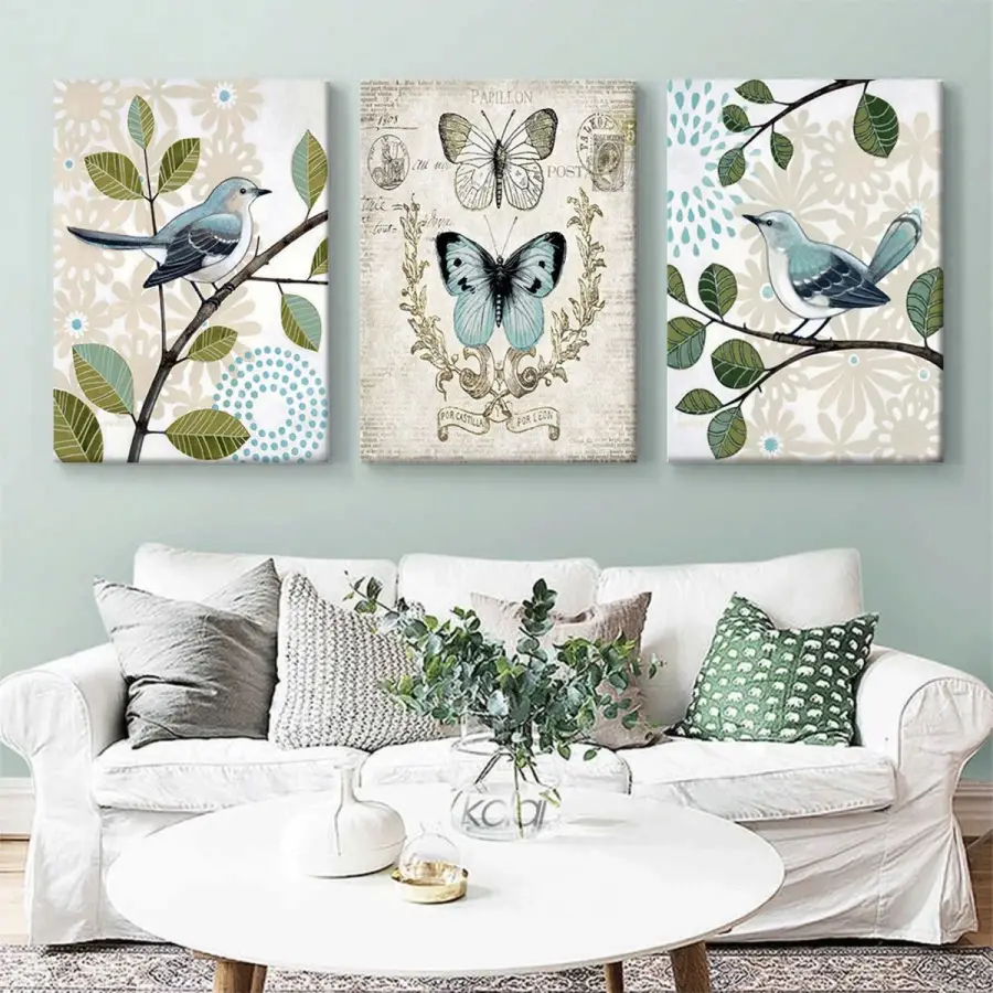 Retro Country Tarzı Dalda Mavi Kuşlar ve Kelebek Üçlü Kanvas Tablo Seti