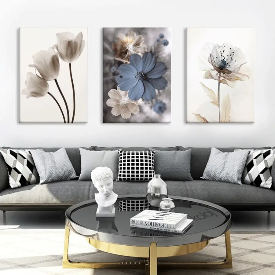 Dekoratif Çiçekler Modern Üç Parça Kanvas Tablo Seti