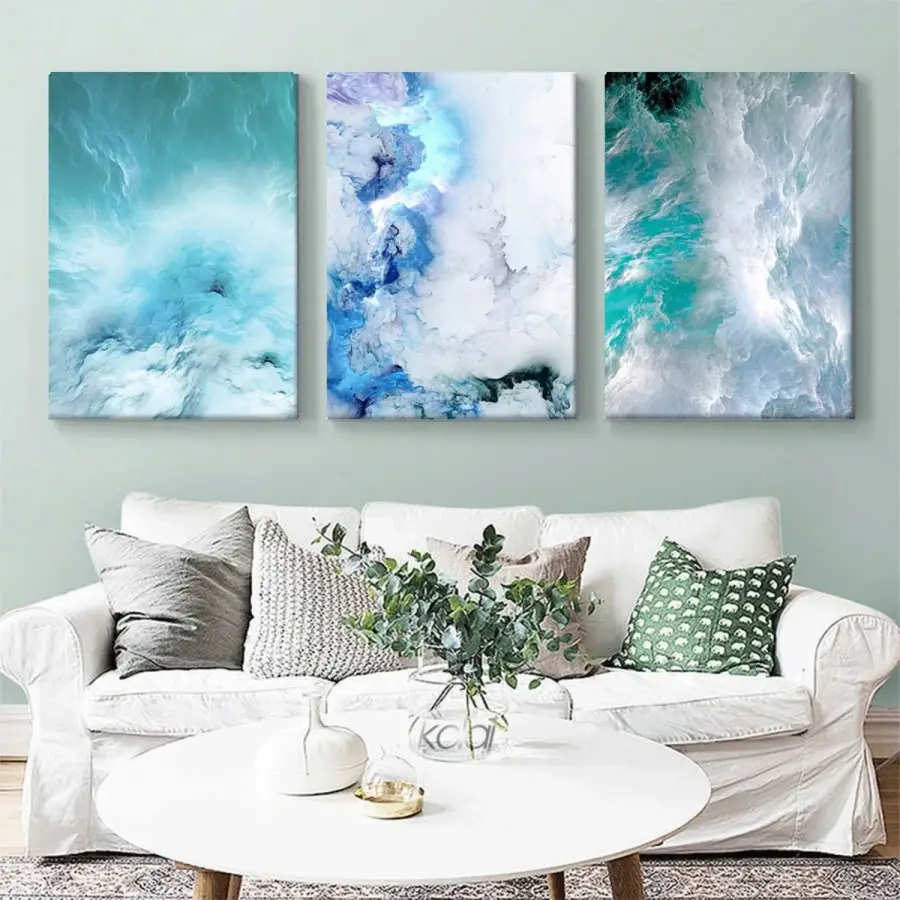 Mavinin Derinlikleri Dekoratif Üçlü Kanvas Tablo Seti
