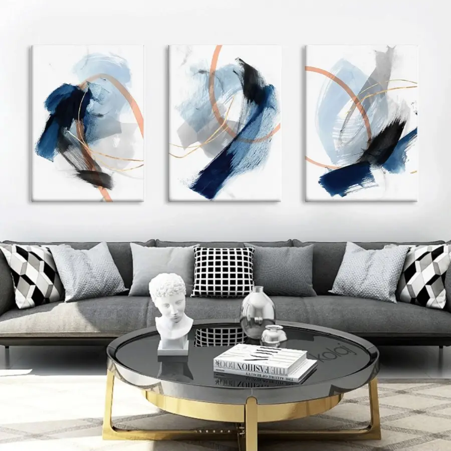 Soğuk Renkler Kombinasyonu Altın Çizgiler ve Mürekkep Sıçramaları Sanatsal Üçlü Kanvas Tablo Seti
