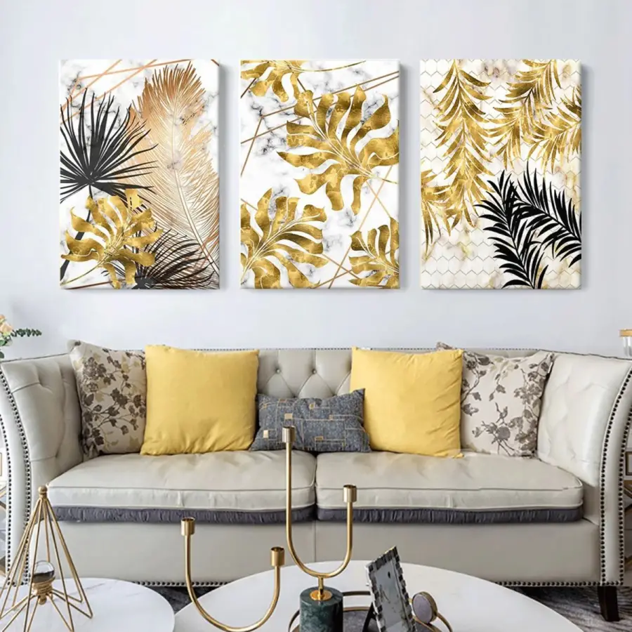 İskandinav Sanatı Altın Palmiyeler Soyut Modern Üçlü Kanvas Tablo Seti