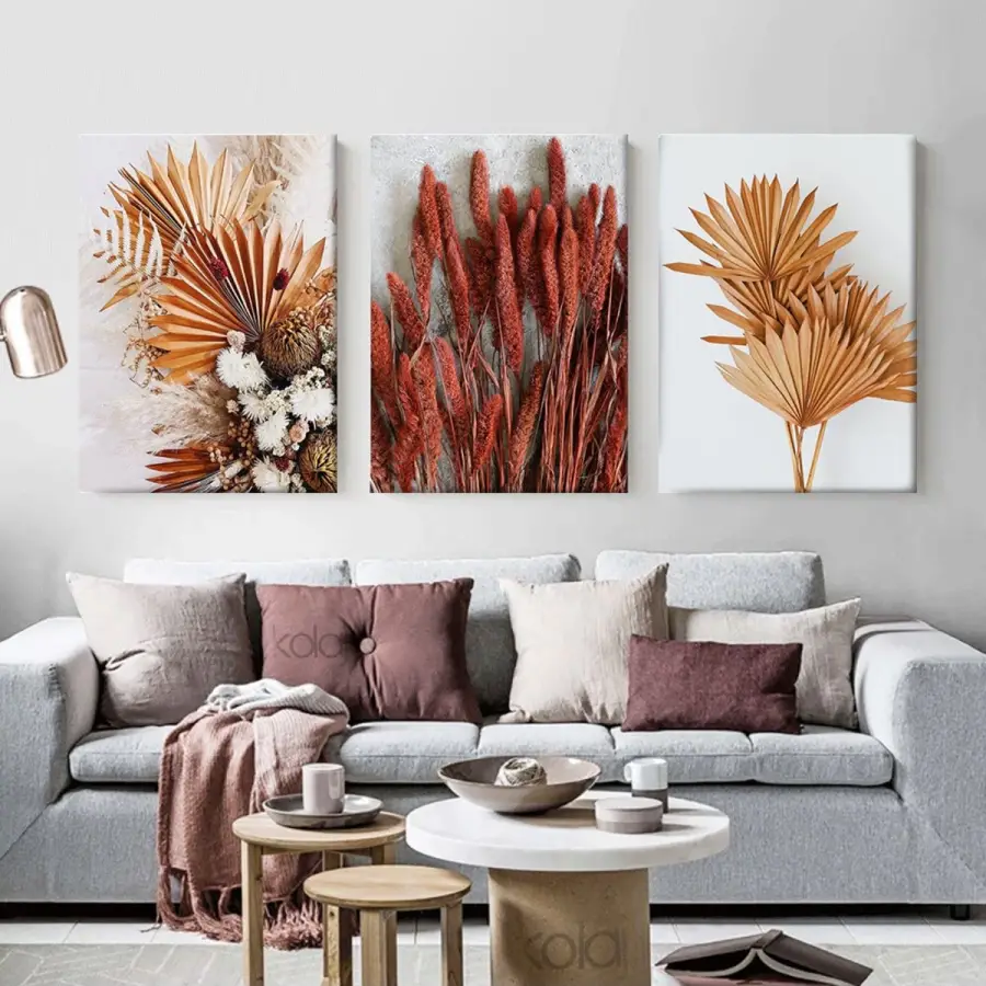 Kurutulmuş Çiçekler Dekoratif Üçlü Kombin Kanvas Tablo Takımı