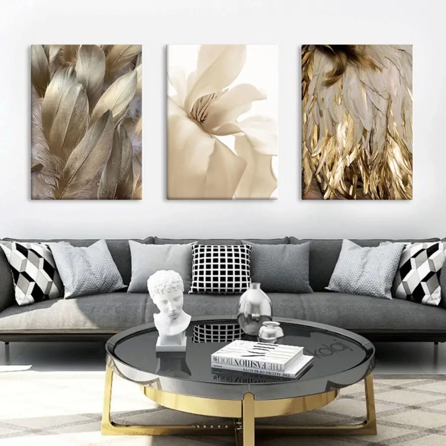 Altın Tüyler ve Yapraklar Dekoratif Çiçek Temalı Üçlü Kanvas Tablo Seti