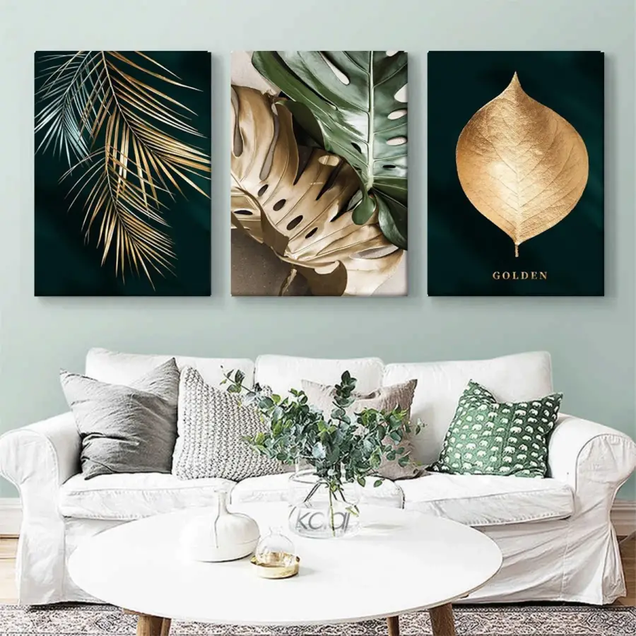 Soyut Botanik Baskı Altın Bitkiler Dekoratif Üçlü Kanvas Tablo Seti