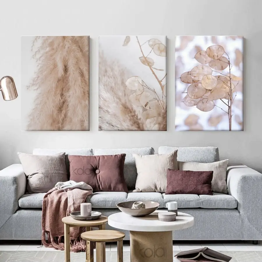 Soyut Çiçek Detayları Dekoratif 3 Parçalı Kanvas Tablo Seti