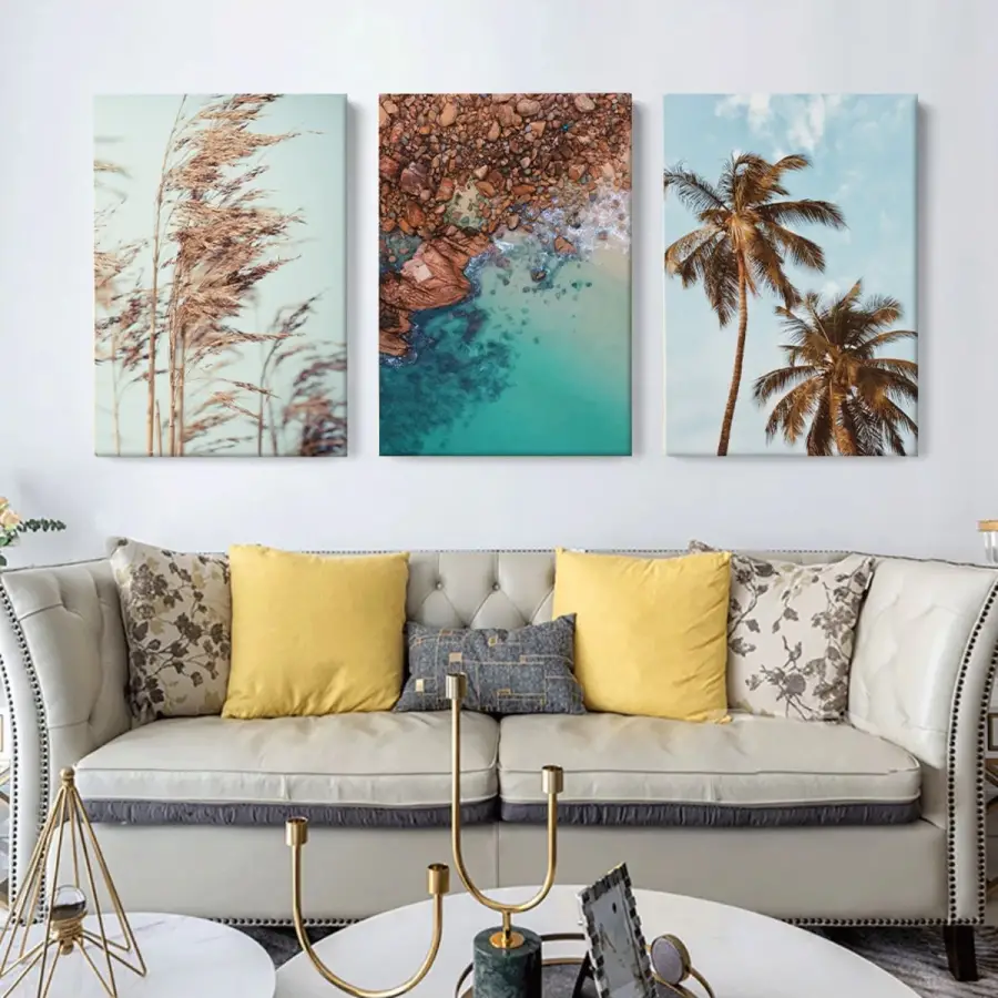 Okyanus ve Palmiye Ağaçları 3lü Kanvas Tablo Takımı