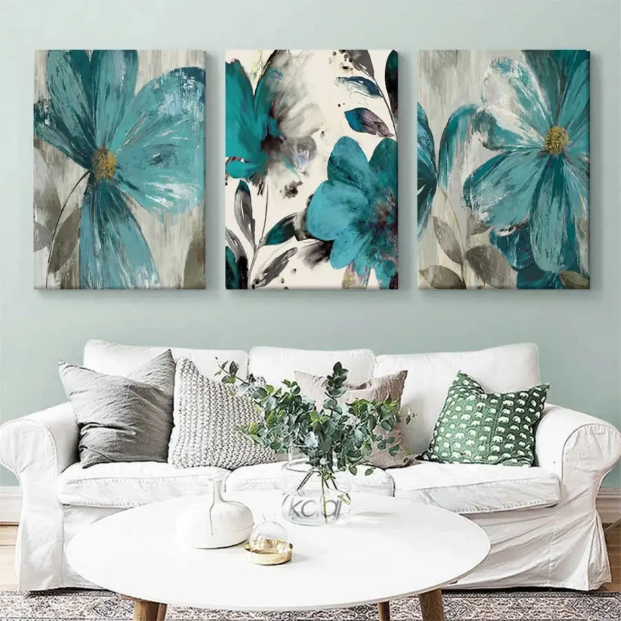 Vintage Yağlı Boya Dokulu Soyut Dekoratif Mavi Çiçekler 3lü Kanvas Tablo Seti