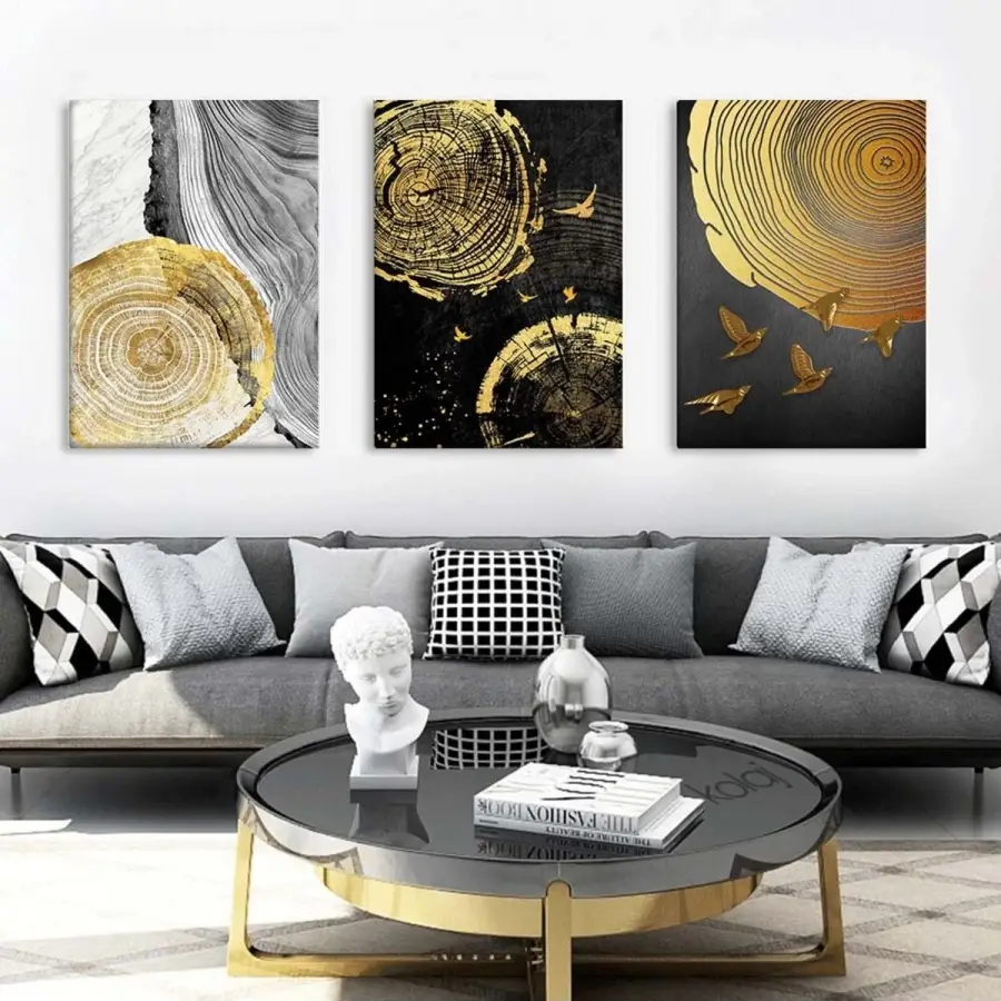 Soyut Altın Ağaç Modern Üçlü Kanvas Tablo Takımı