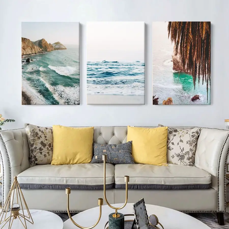 Okyanus Kıyısı Deniz Manzarası Dekoratif 3lü Kanvas Tablo Seti