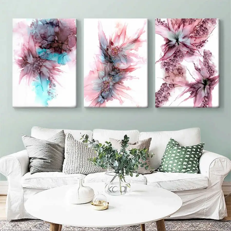 Mor Çiçekler Soyut Dekoratif Üç Parçalı Kanvas Tablo