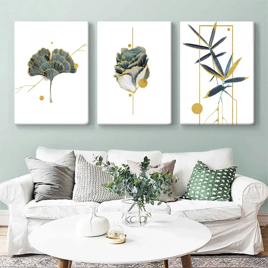 Botanik Duvar Sanatı Soyut Yeşil Bitkiler Dekoratif Üçlü Kanvas Tablo Seti