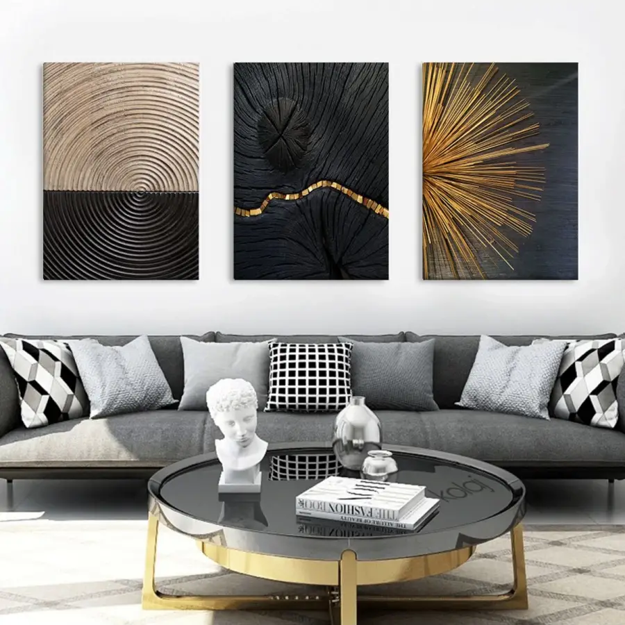 Doğanın İzleri: Altın Detaylı Soyut Kütükler Üçlü Tablo Seti