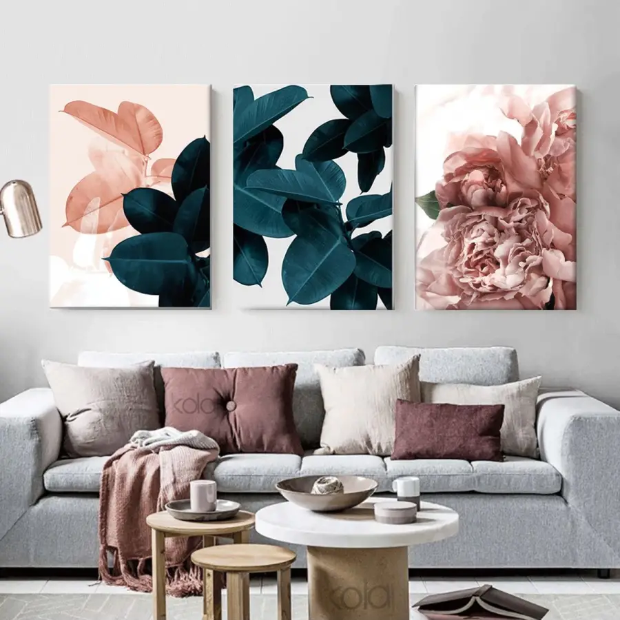 İskandinav Tarzı Pembe Çiçek ve Yeşil Bitkiler 3 Parçalı Kanvas Tablo Seti