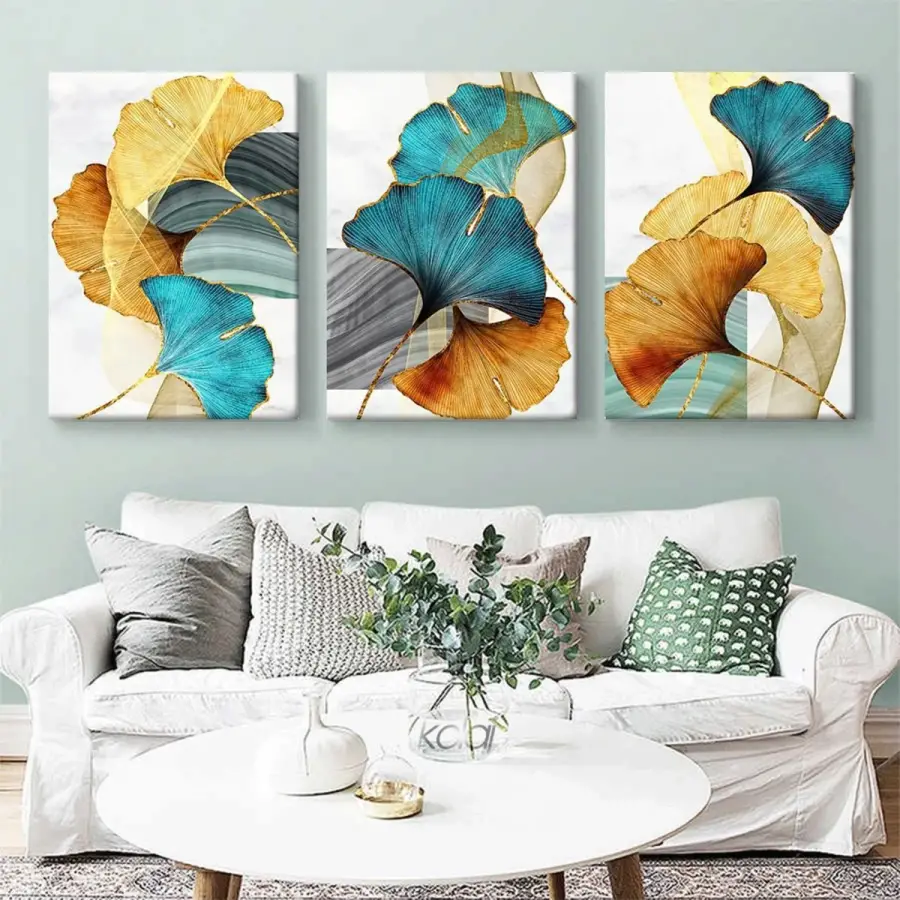Soyut Mavi Yeşil Altın Yapraklar 3lü Kanvas Tablo